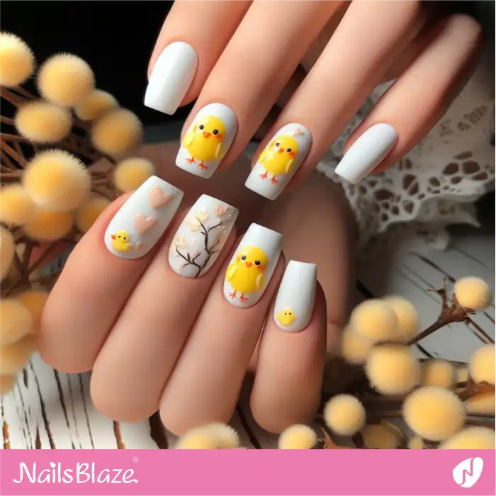Cute Easter Chicks on White Nails | Easter Nails - NB3614