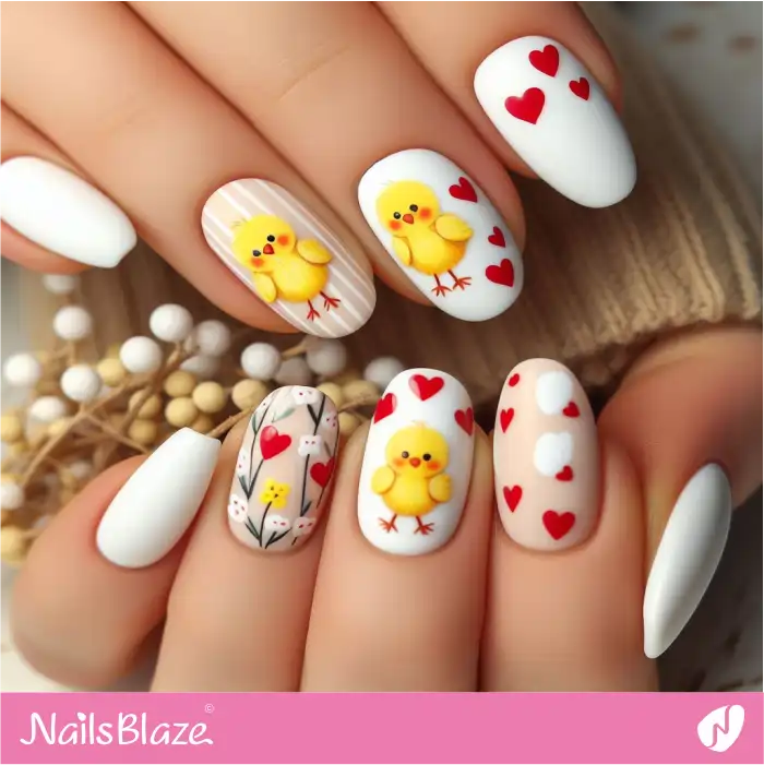 Easter Chicks and Red Hearts Nails Design | Easter Nails - NB3615