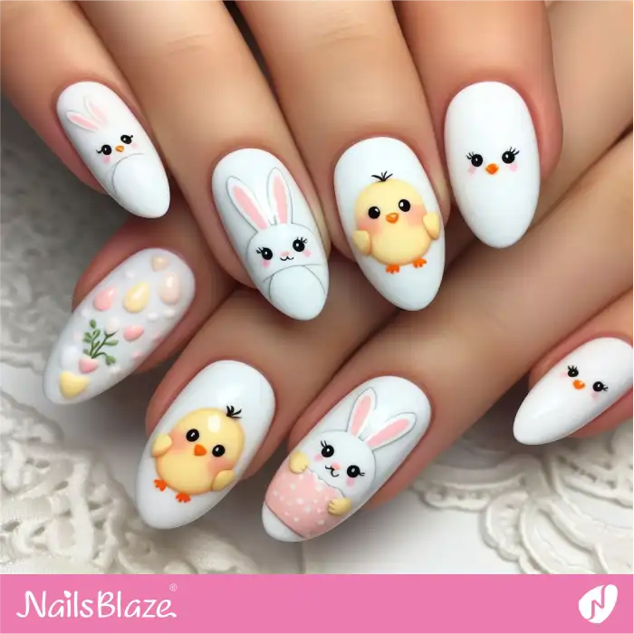 White Easter Nails with Chicks and Bunnies | Easter Nails - NB3616