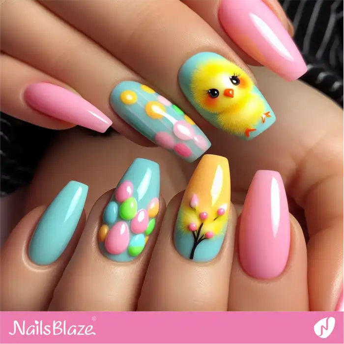 Glossy Easter Chick and Eggs Nails Design | Easter Nails - NB3412