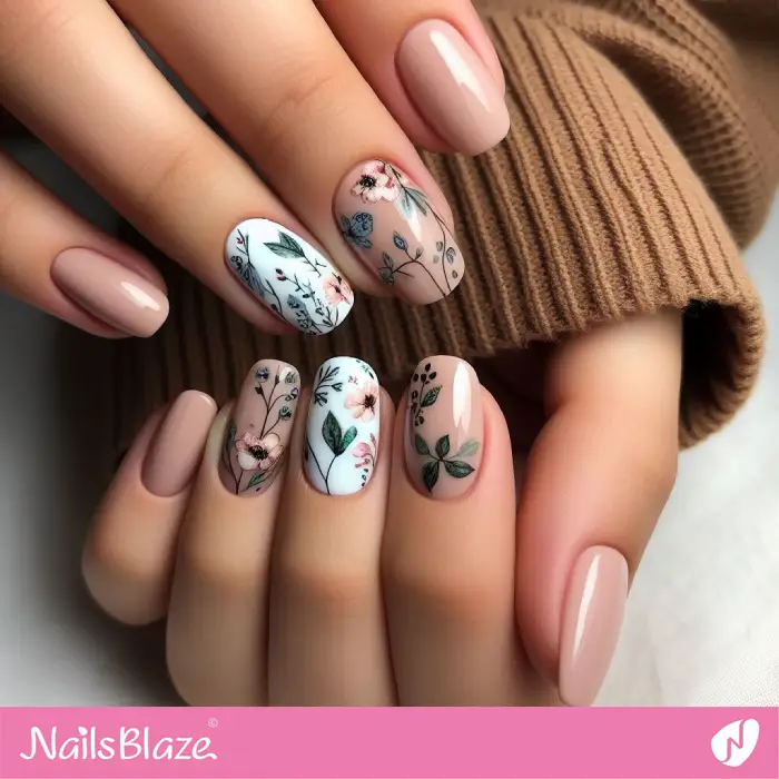 Easter Classy Neutral Nails with Flowers | Easter Nails - NB3743