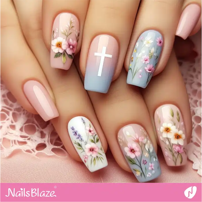 Cross Easter Nails with Flowers Design | Easter Nails - NB3425