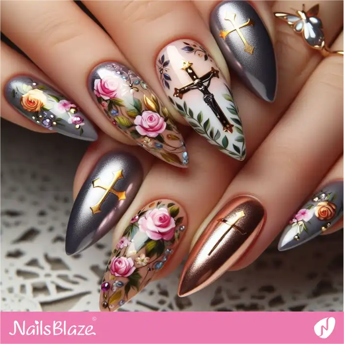 Christian Easter Nail Art with Roses Design | Easter Nails - NB3430