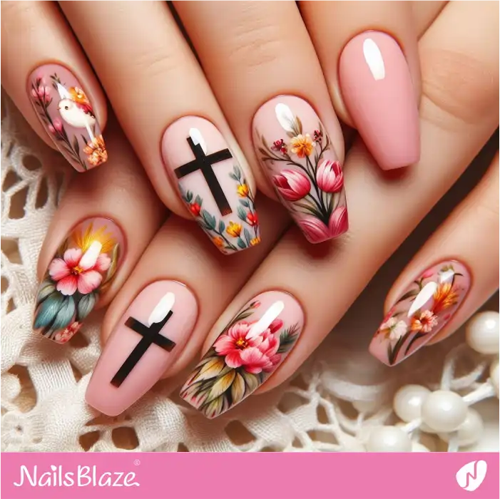 Light Pink Easter Nails with Flowers Design | Easter Nails - NB3431