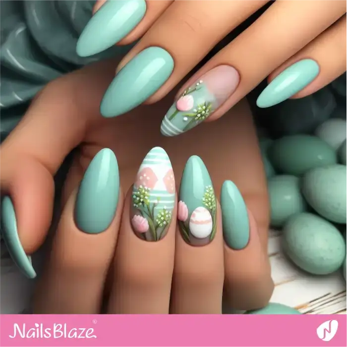 Easter Mint Green Nails with Egg and Flower Design | Easter Nails - NB3681