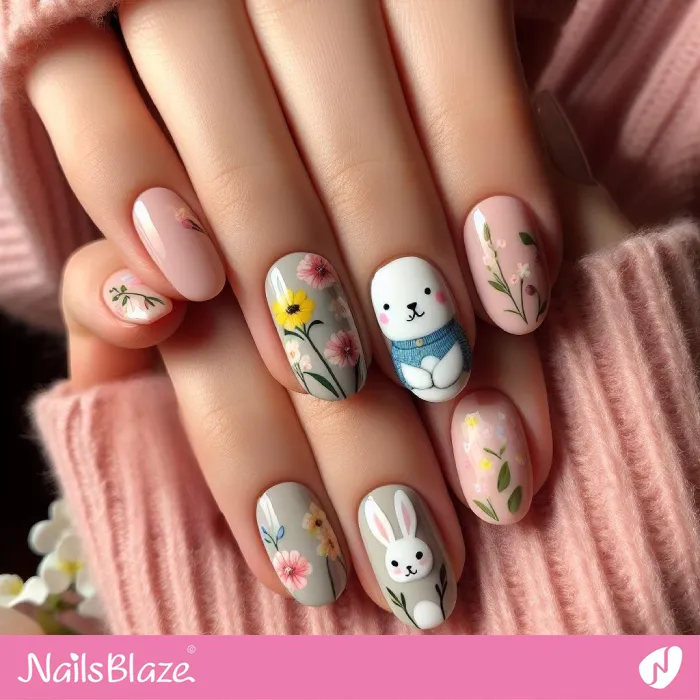 Simple Flowers Nail Design with Rabbits for Easter | Easter Nails - NB3459