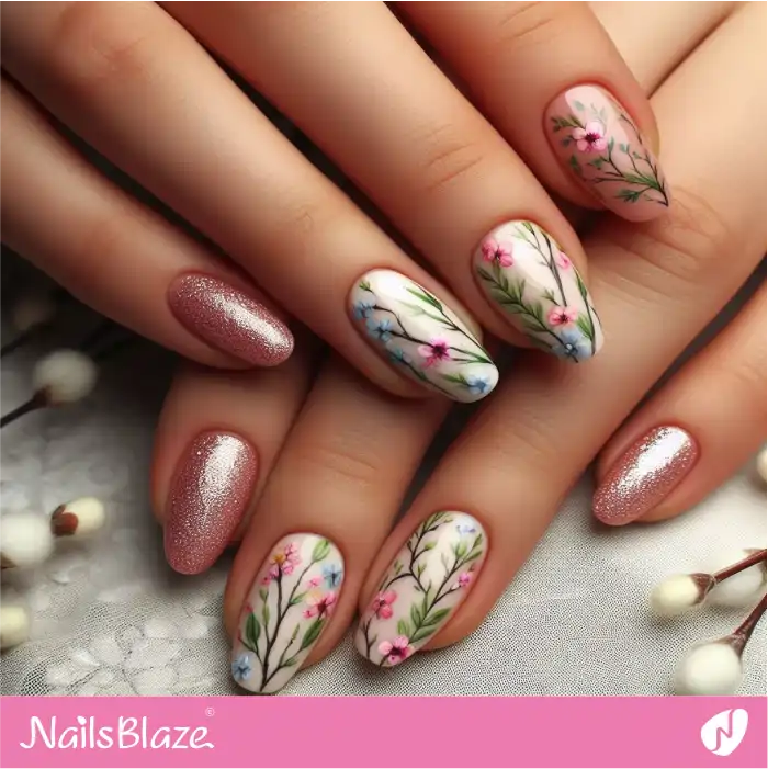 Flowers and Glitter Easter Nail Design | Easter Nails - NB3469