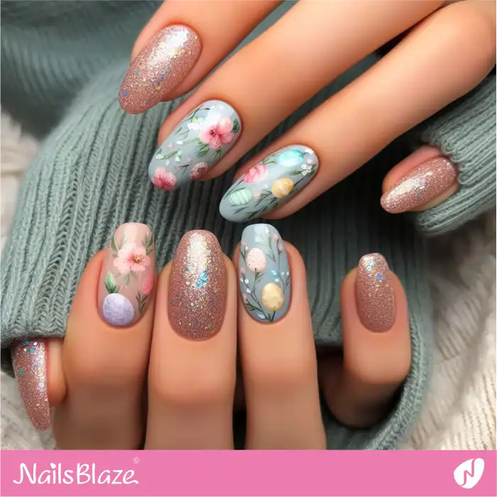 Easter Flowers Nails with Glitter Design | Easter Nails - NB3473