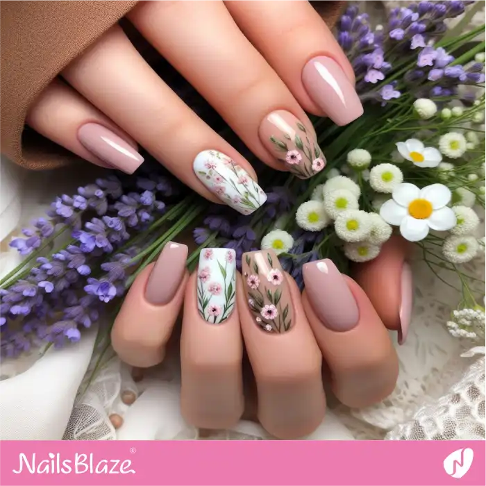 Easter Neutral Nails Flower Design | Easter Nails - NB3475