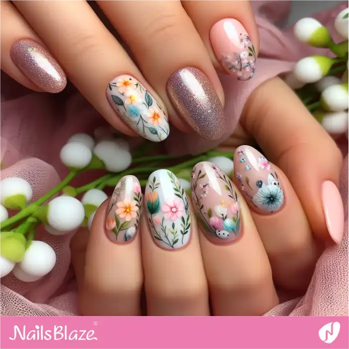 Nude Nails with Flowers and Glitter Accents | Easter Nails - NB3476