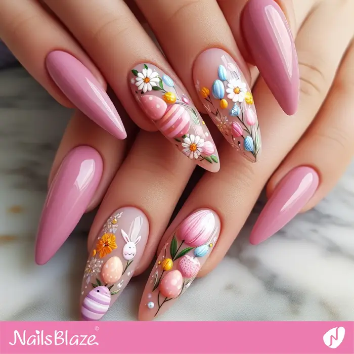 Easter Long Pink Nails Floral Design | Easter Nails - NB3548