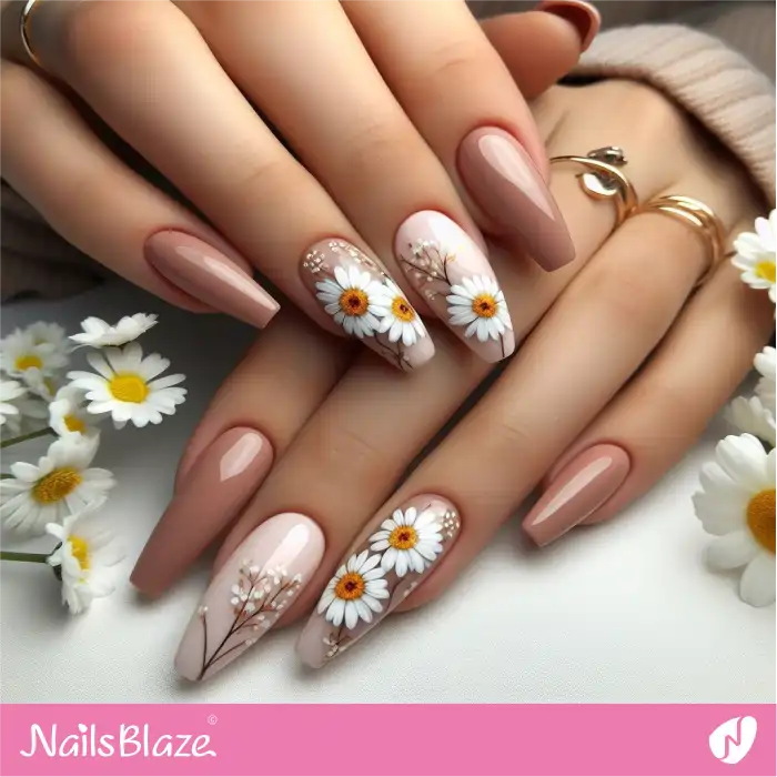 Nude Easter Nails with Daisy Flowers Design | Easter Nails - NB3622