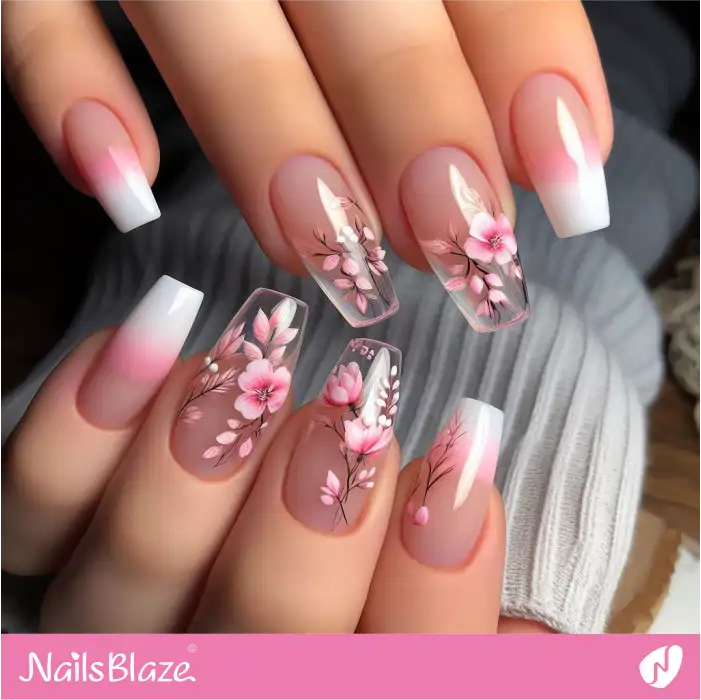 Pink Flowers on Clear Nails for Easter | Easter Nails - NB3629