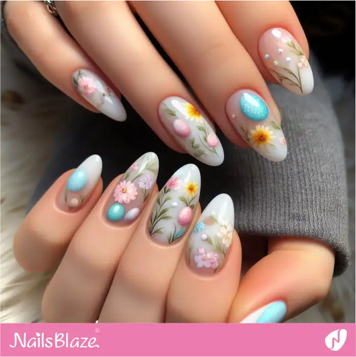 Easter White Nails with Flowers | Easter Nails - NB3461