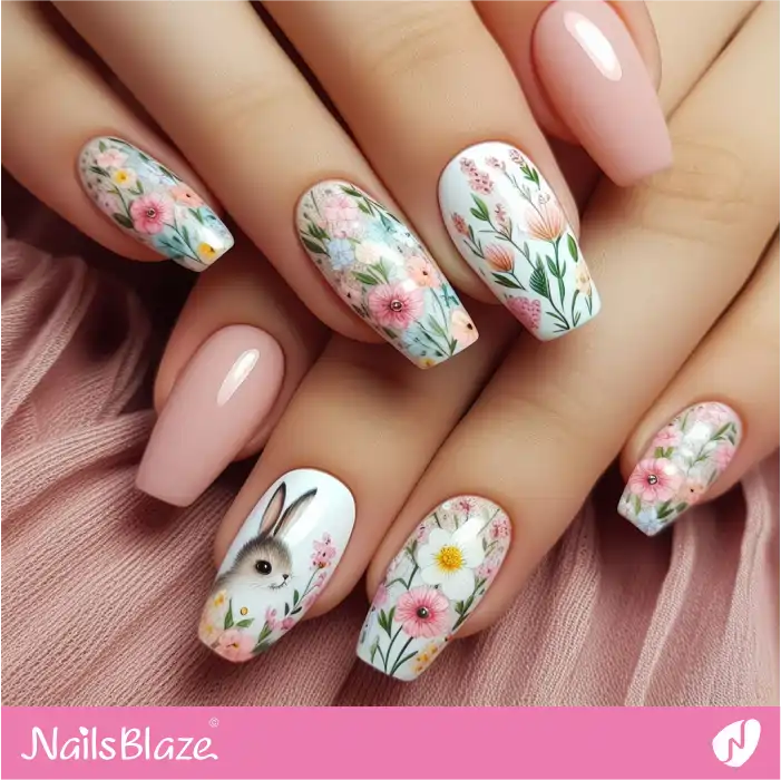 Easter Pink and White Nails with Flowers | Easter Nails - NB3462