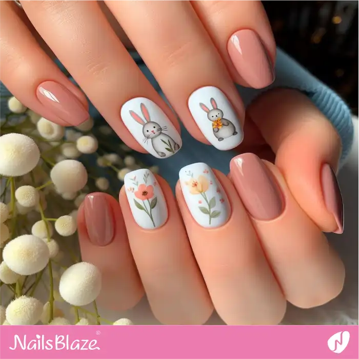 Minimal Easter Bunnies and Flowers Nail Design | Easter Nails - NB3466