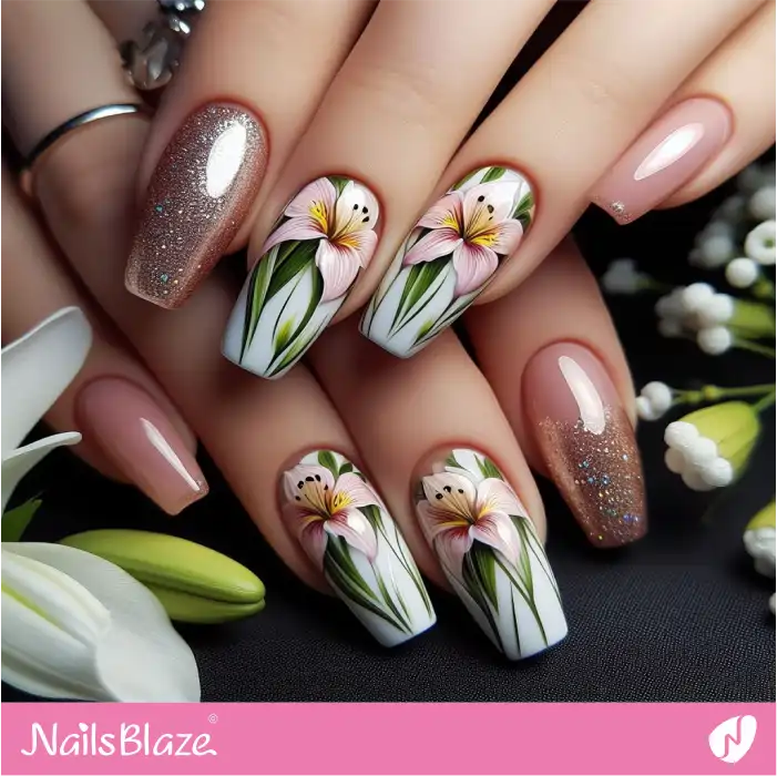 Pink Lilies Easter Nail Art | Easter Nails - NB3486