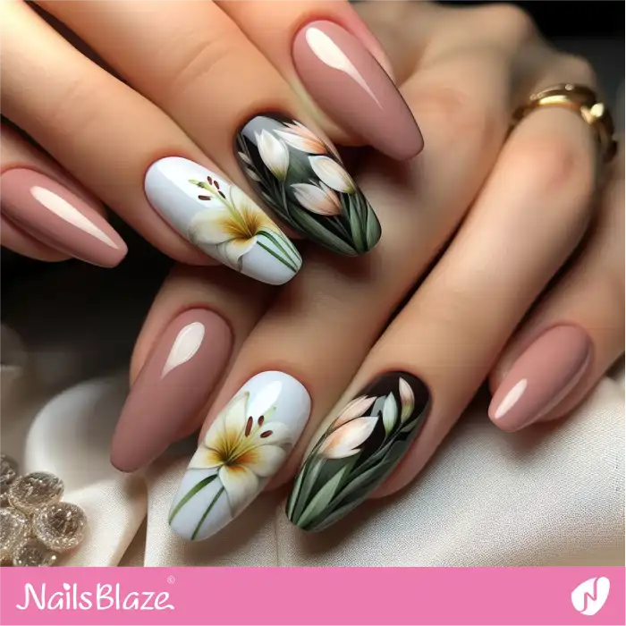 Dusty Pink Nails with Lilies for Easter | Easter Nails - NB3478