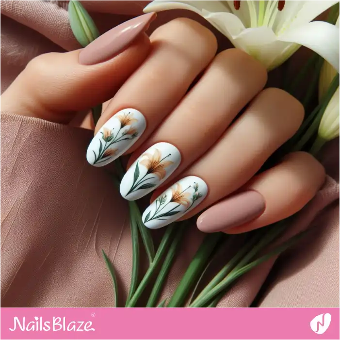 Nude and White Nails with Easter Lily Design | Easter Nails - NB3483