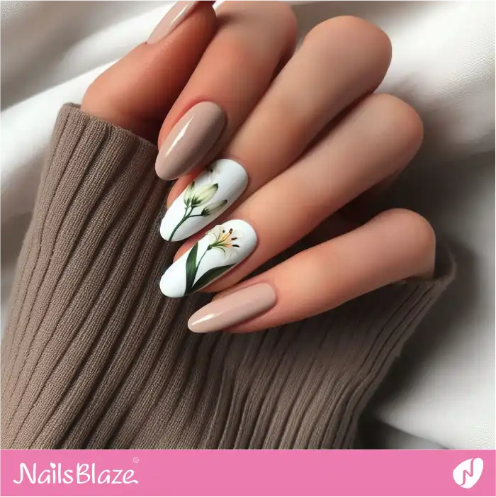 Easter Neutral Nails with White Accents Designed with Lilies | Easter Nails - NB3485