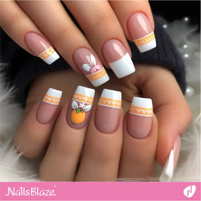 Orange and White Double French Nail Design for Easter | Easter Nails - NB3660