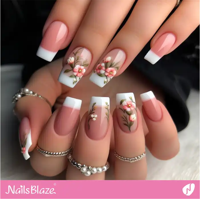 Classy White French Tips with Flower Design for Easter | Easter Nails - NB3662