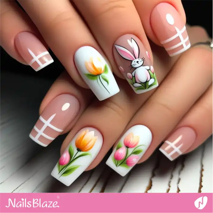 Grid French with Tulip Flower Design for Easter | Easter Nails - NB3663