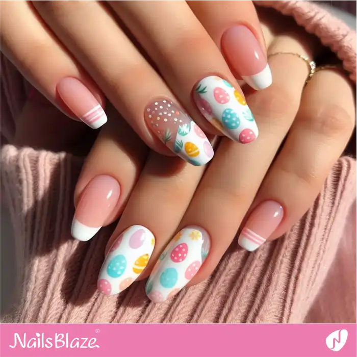 French Mani with Easter Eggs Accent Nails | Easter Nails - NB3494