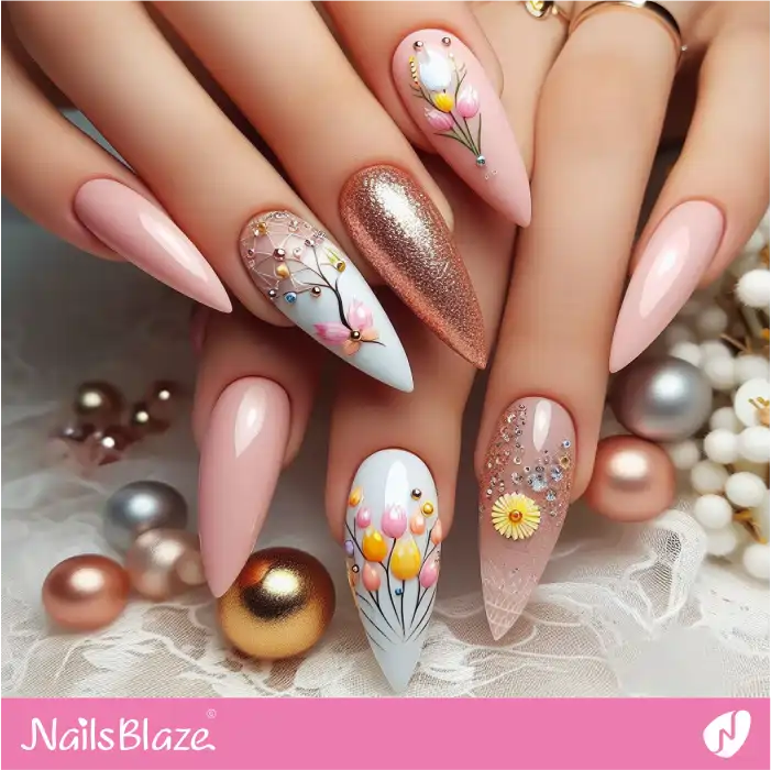 Long Stiletto Easter Nail Design with Glitter | Easter Nails - NB3636