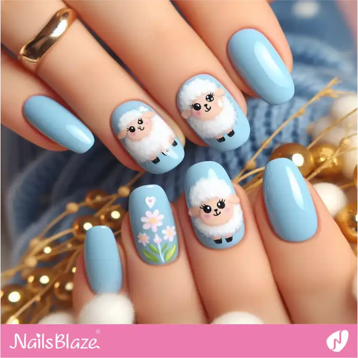 Blue Easter Nails with Cute Lambs | Easter Nails - NB3499