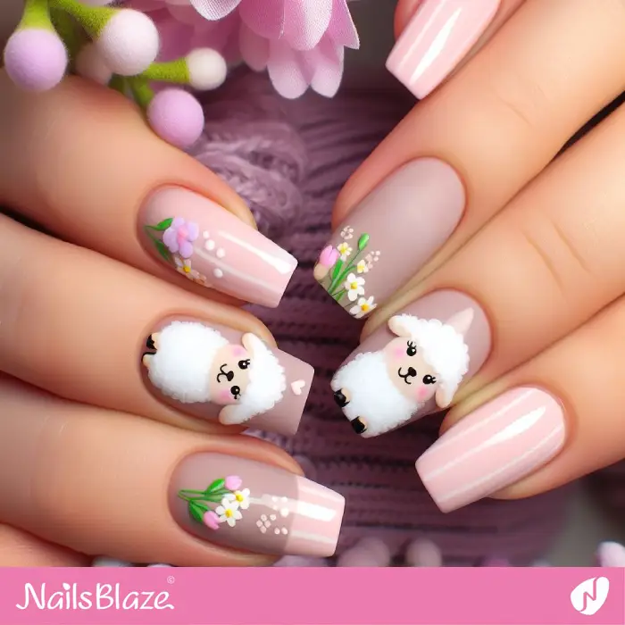 Easter Lambs on Dusty Nude Nails | Easter Nails - NB3550