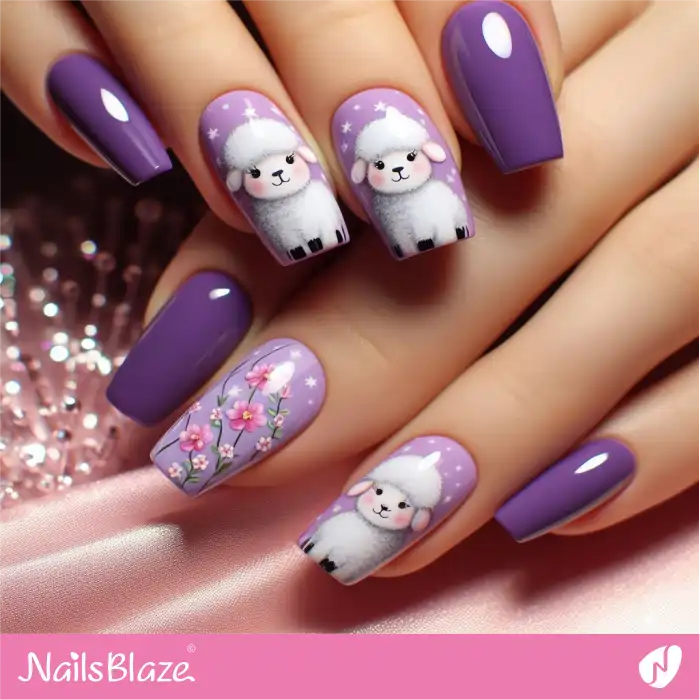Purple Nails with Easter Lambs and Flowers | Easter Nails - NB3500