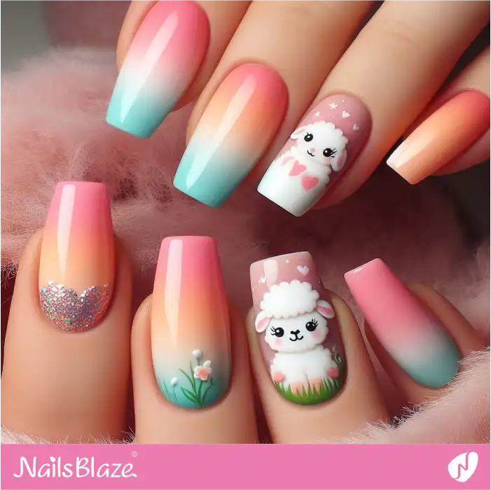 Ombre Nails Cute Lambs Design for Easter | Easter Nails - NB3502