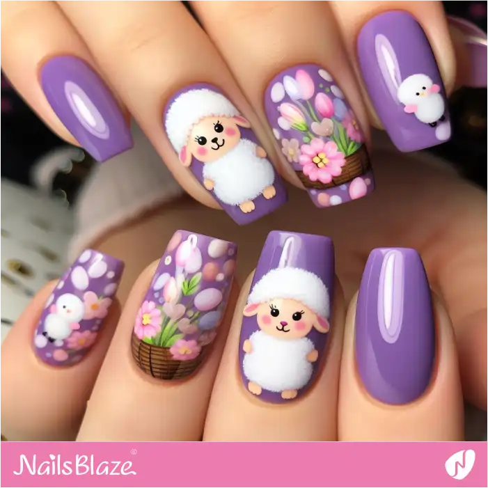 Easter Theme Purple Nails with Lambs | Easter Nails - NB3505