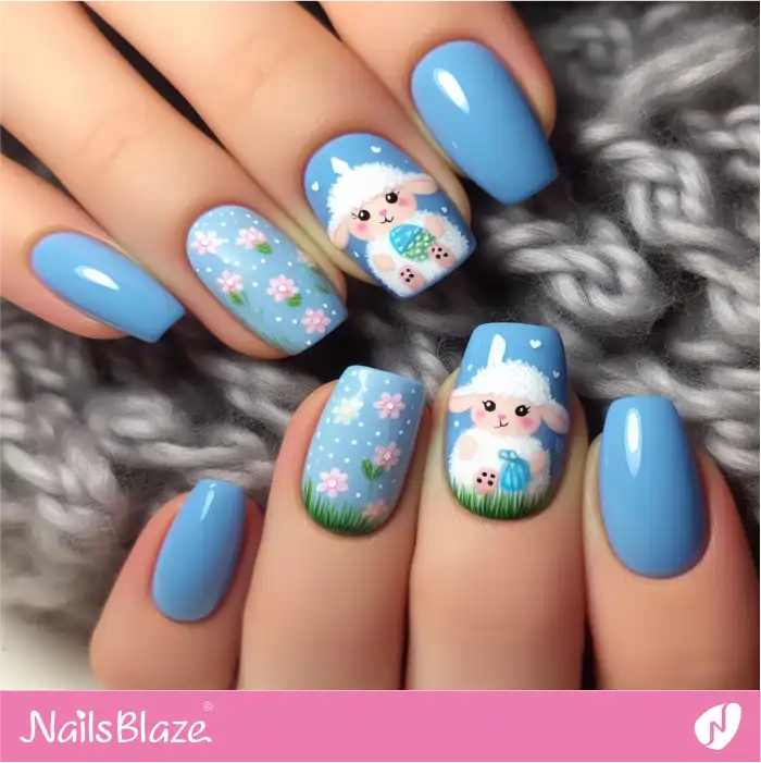 Blue Easter Lamb Nails with Flowers | Easter Nails - NB3506
