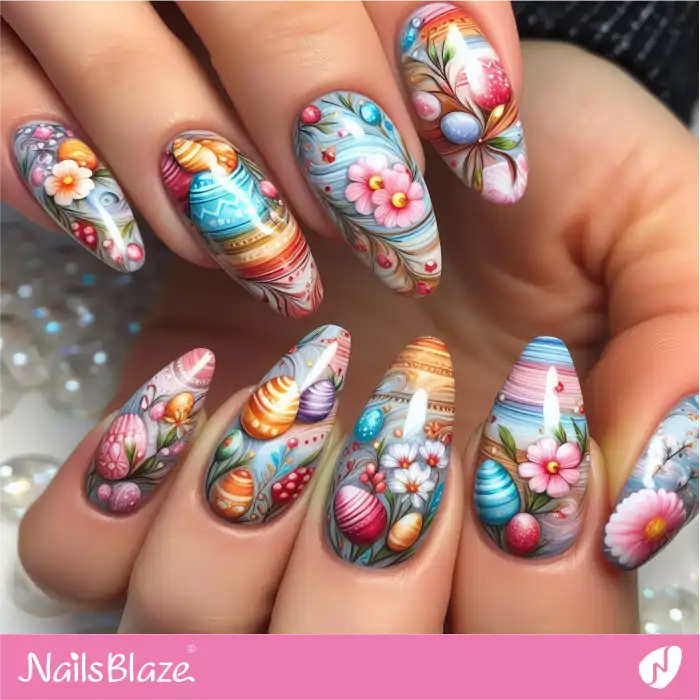 Easter Marble Nails with Flowers and Eggs | Easter Nails - NB3740