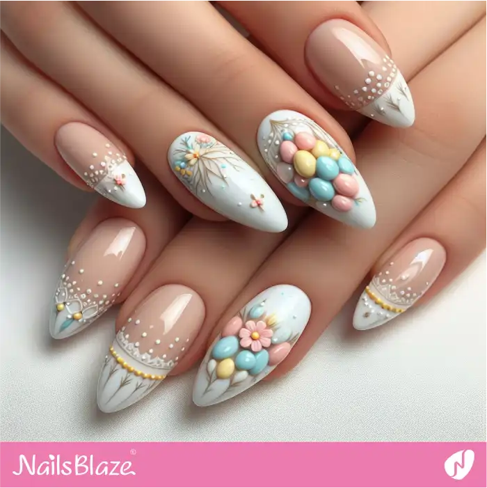 Vanilla Ice Nails with Colorful Eggs and Flowers Design | Easter Nails - NB3695