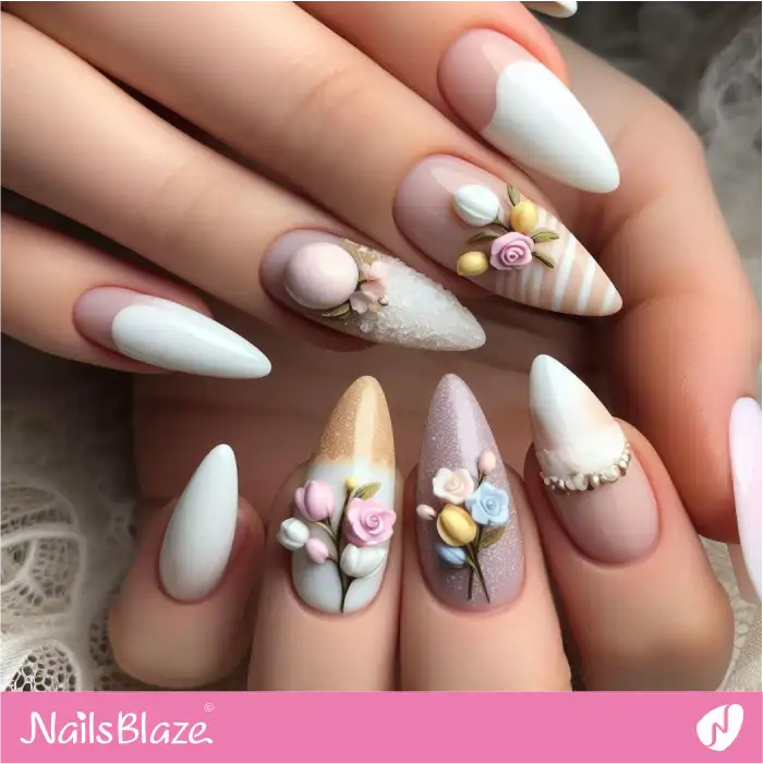 3D Flowers on Vanilla Ice Nails for Easter | Easter Nails - NB3696