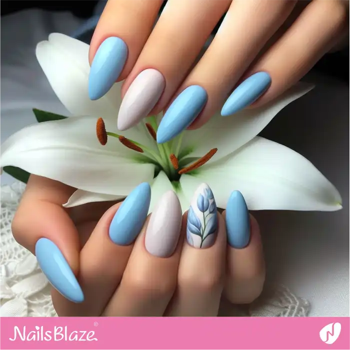Pastel Blue Almond Nails with Flower Design for Easter | Easter Nails - NB3687