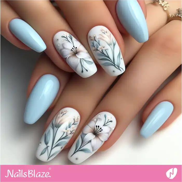 Pastel Pale Blue Nails with Easter Lily Design | Easter Nails - NB3688