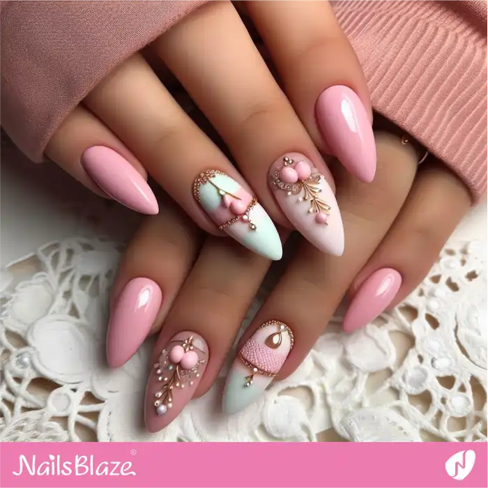 Embellished Pink Flare Pastel Nails for Easter | Easter Nails - NB3689