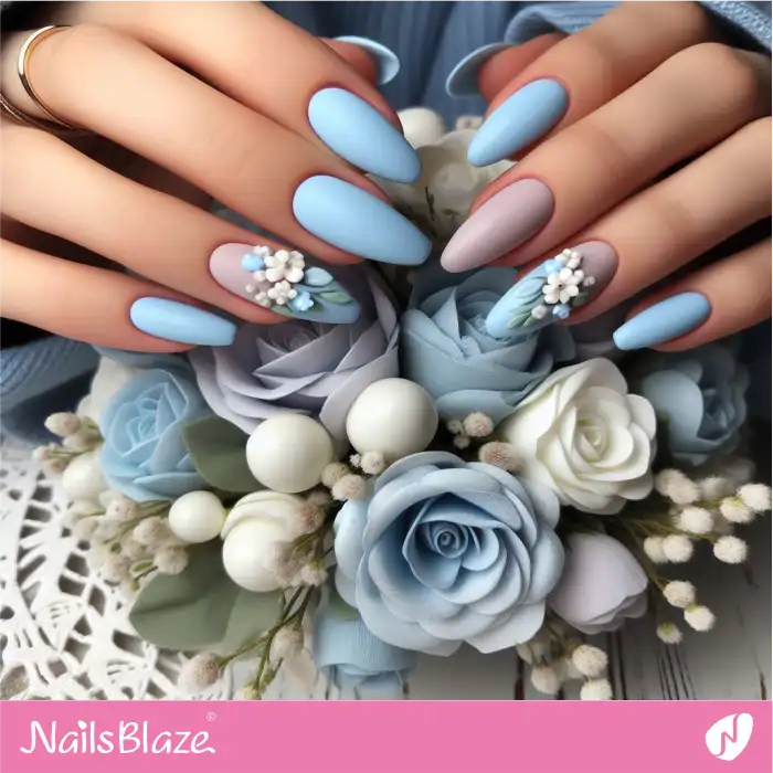 Pastel Powder Blue Nails with 3D Flowers | Easter Nails - NB3692