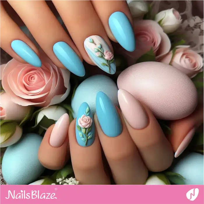 Pastel Blue Nails with 3D Roses Design | Easter Nails - NB3693