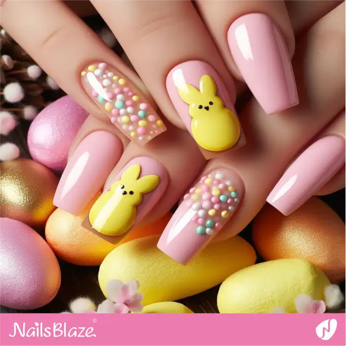 Bright Pink Nails with Peeps Easter Marshmallow Bunnies | Easter Nails - NB3514