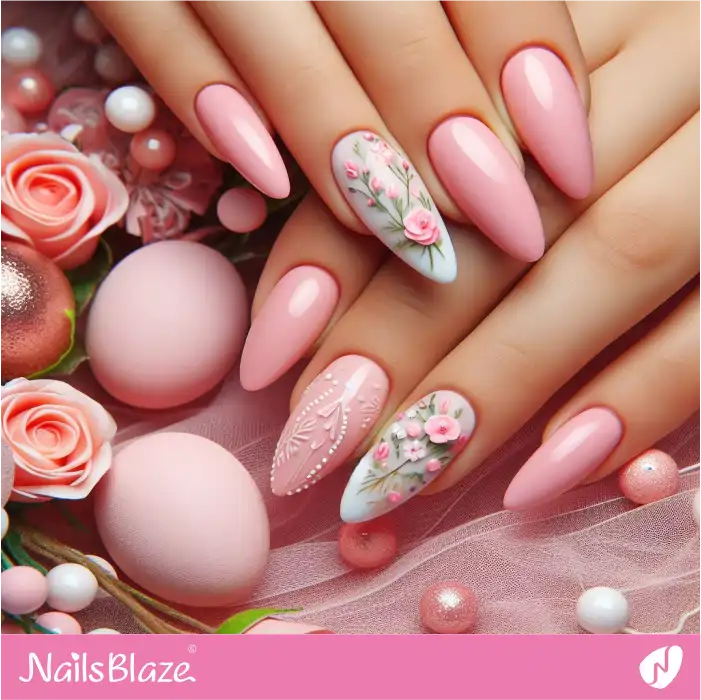 Pink Nails with Flower Accents for Easter | Easter Nails - NB3598