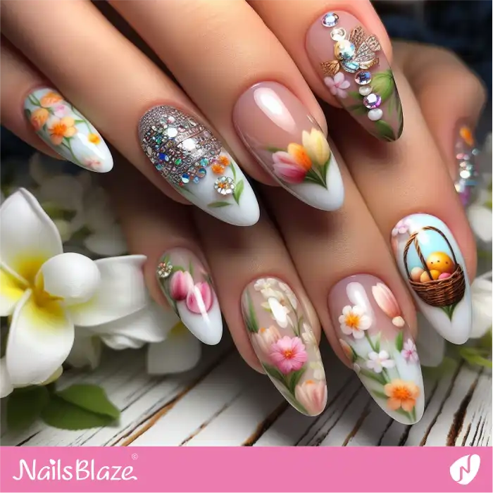 Rhinestone Embellished Nails with Flower Design | Easter Nails - NB3523