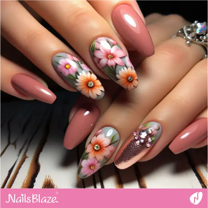Easter Floral Nails with Rhinestones Design | Easter Nails - NB3528