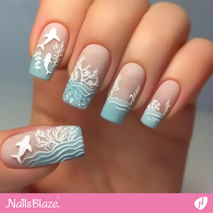 Matte French Nails with Marine Species | Save the Ocean Nails - NB2817