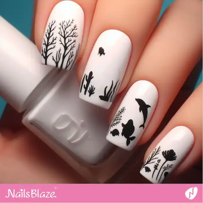 Coral Reef and Marine Species Silhouette Nail Design | Save the Ocean Nails - NB2811
