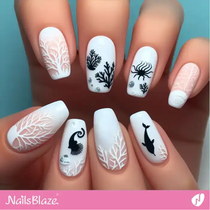 Coral Reef White Ombre Design with Marine Animals | Save the Ocean Nails - NB2813